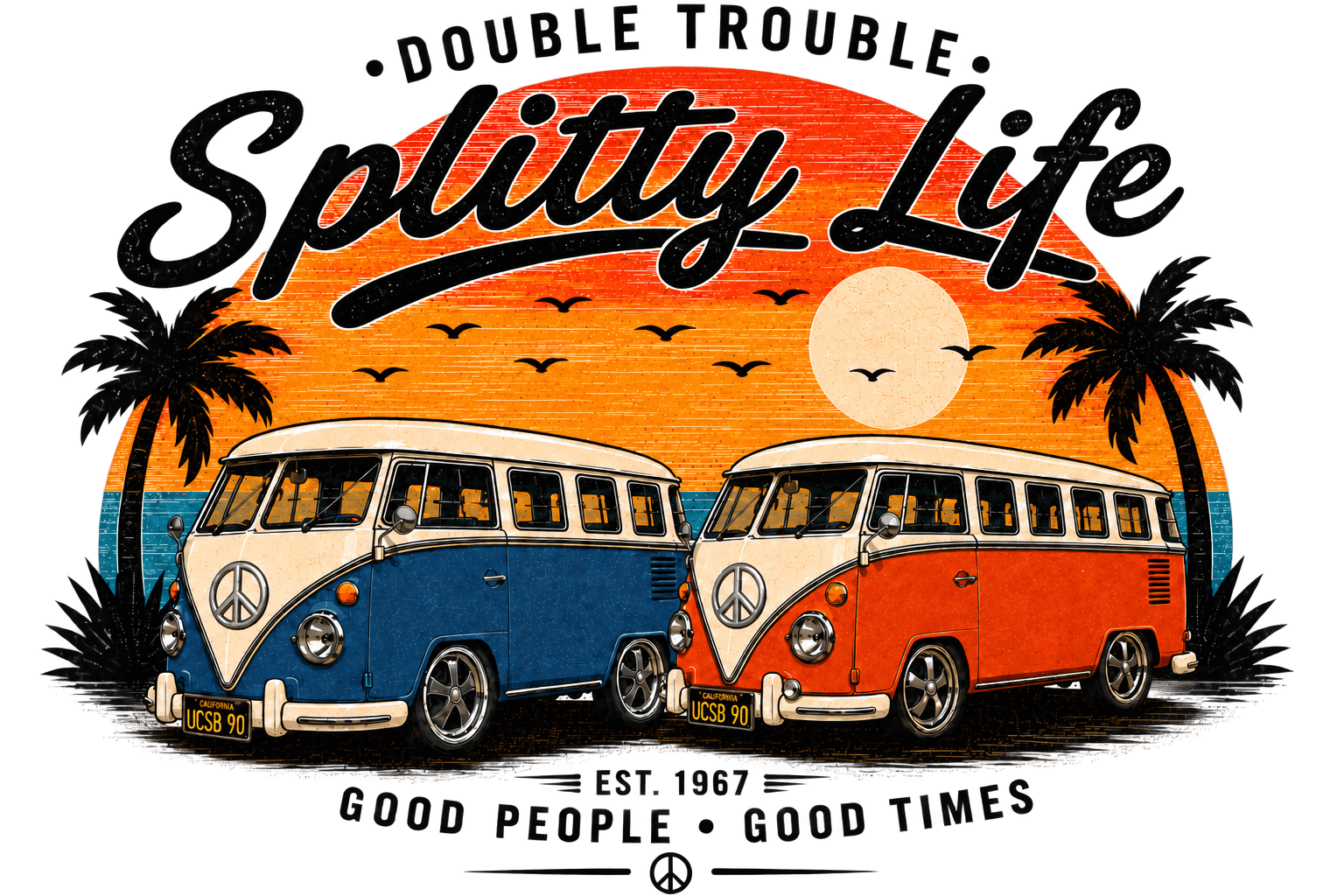 Original Splitty Life Double Trouble artwork with blue and orange vintage buses, sunset, and palm trees